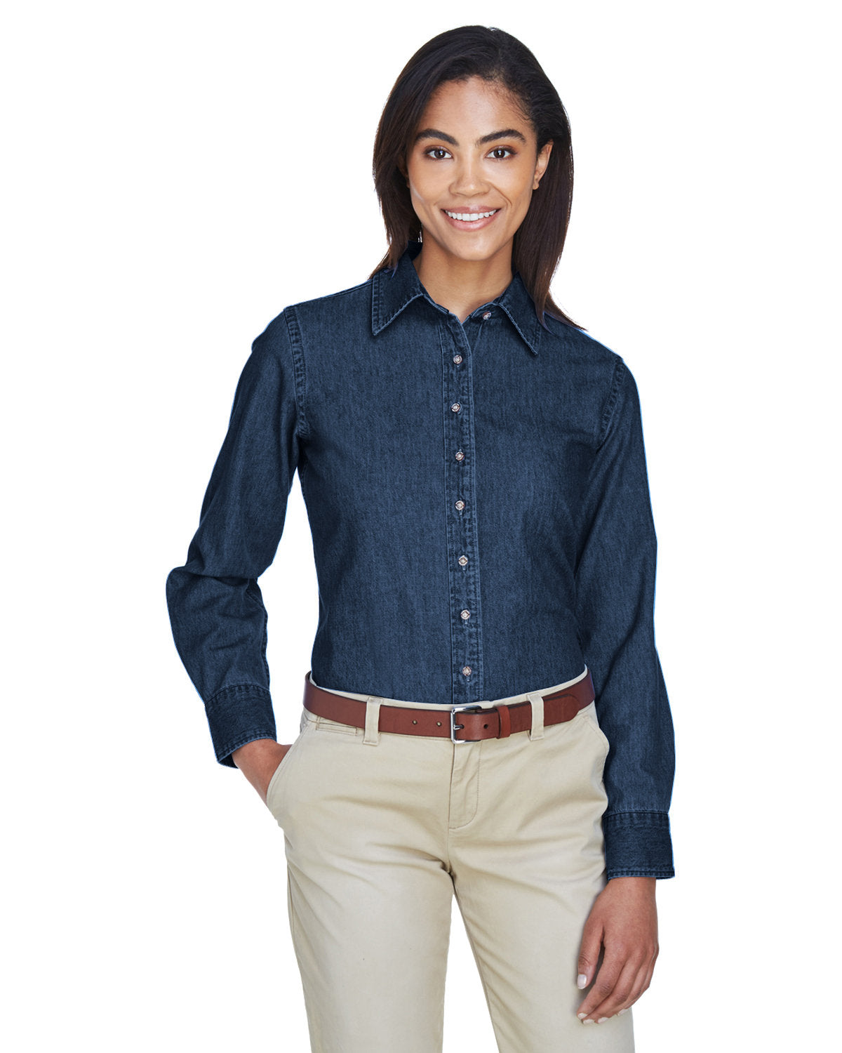 Harriton M550W Ladies' 6.5 oz. Long-Sleeve Denim Shirt – Shirts In Bulk